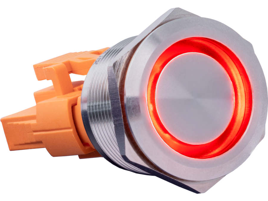 Trykkontakt, stål - 2P ON-ON 15A/250V, RØD LED (Ø22mm)