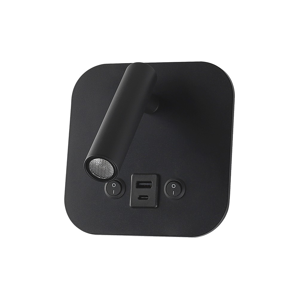 LED sengelampe med vægmontering, USB/PD opladning, 8W, CREE-chip, 3000K, sort