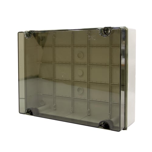 Monteringskasse 380x300x120 mm transparent med hængslet låg