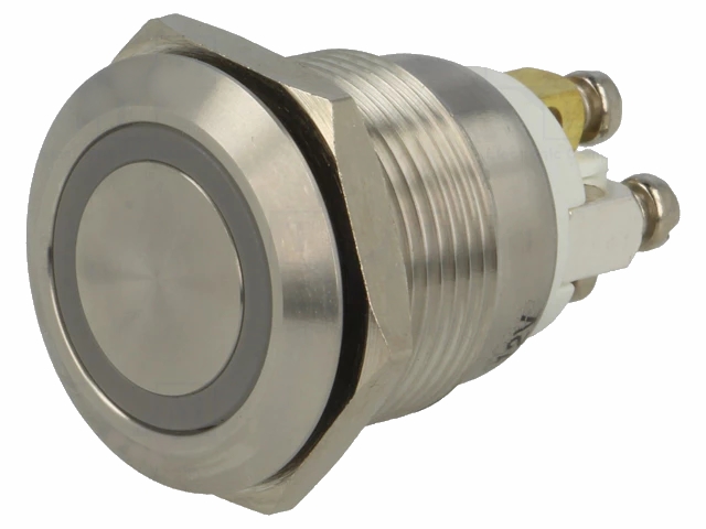 Vandalsikret stålkontakt, 1P OFF-(ON) Ø19mm Rød/grøn 12V LED