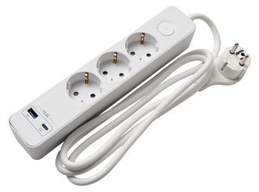 Stikdåse 3 udtag Schuko, m/2 x USB, 1,5m