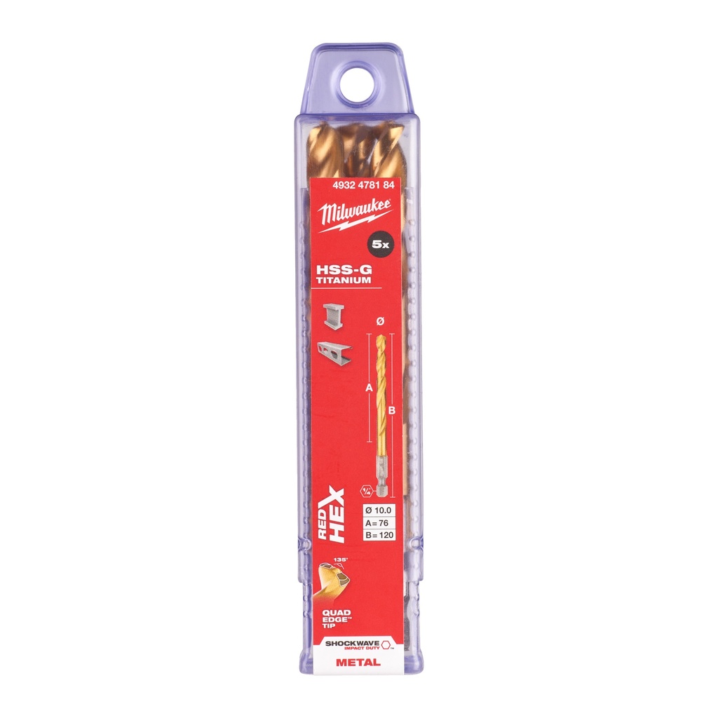 Milwaukee HSS-G TIN Shockwave metalbor 1/4" HEX, 10,0 mm, 5 stk.