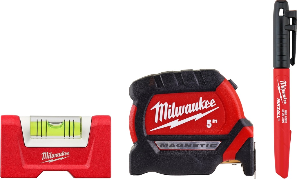 Milwaukee målebånd, torpedovaterpas og marker i sampak