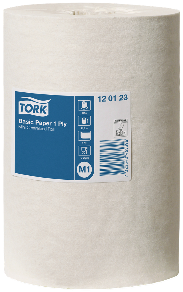 Tork håndklæderulle 120123 M1 m/centertræk, 1-lags, hvid, 120 m
