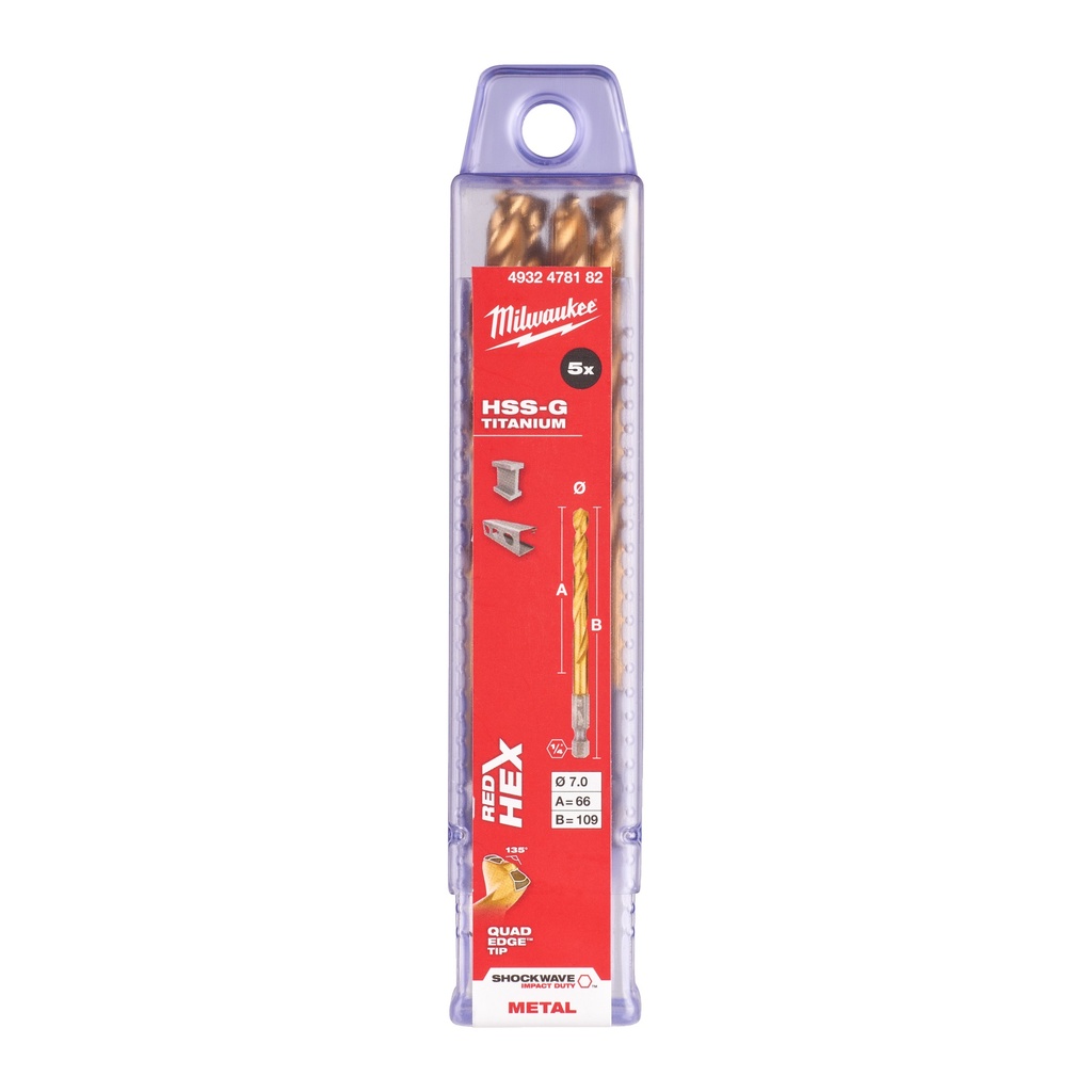 Milwaukee HSS-G TIN Shockwave metalbor, 1/4" HEX, 7,0 mm, 5 stk.