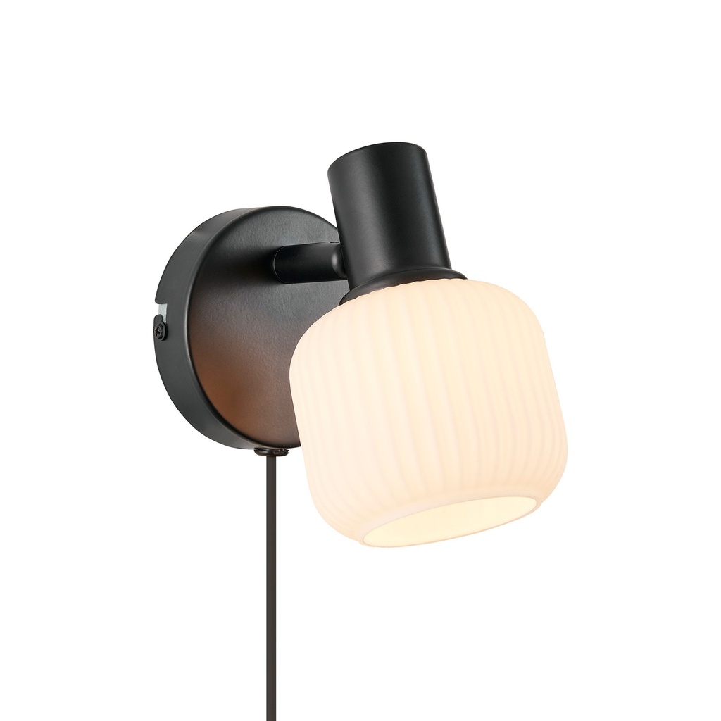 Milford Mini Væglampe E14 sort/opal hvidt glas