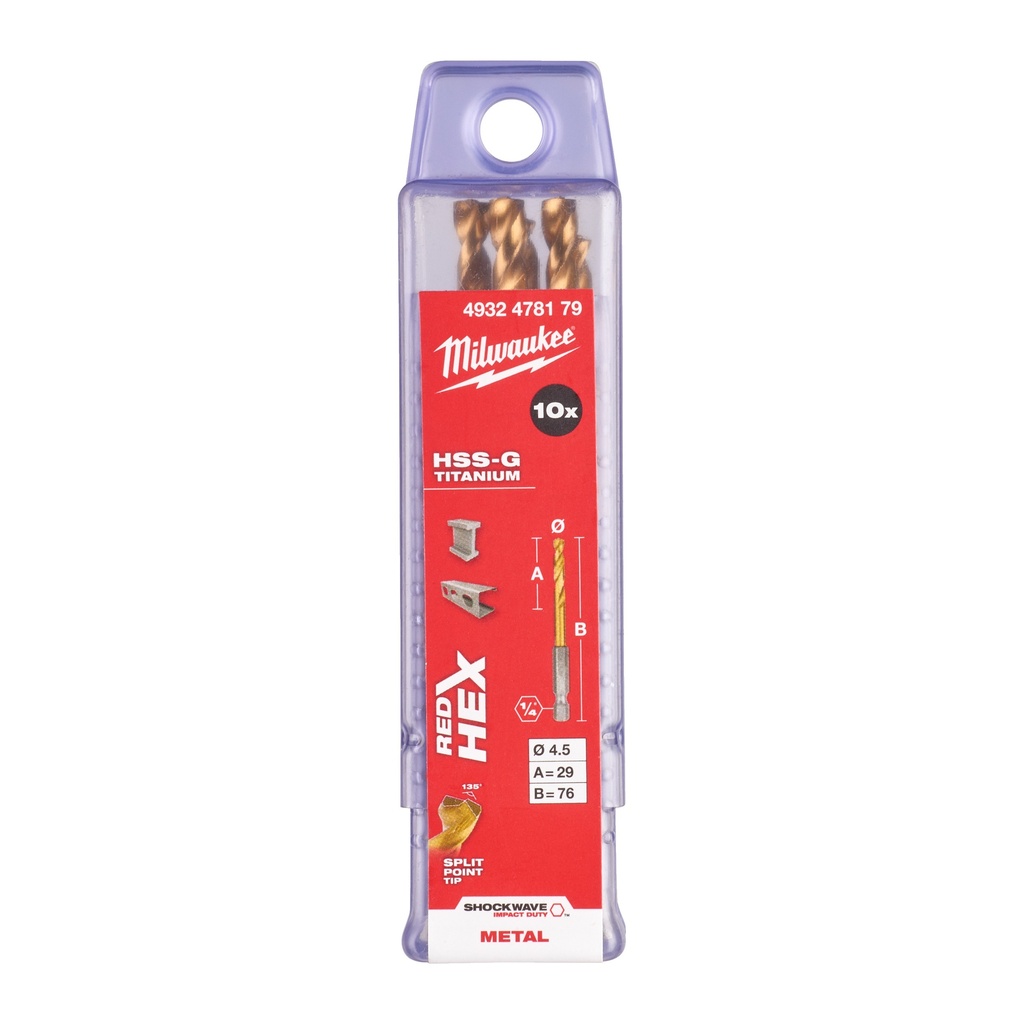 Milwaukee HSS-G TIN Shockwave metalbor 1/4" HEX, 4,5 mm, 10 stk.