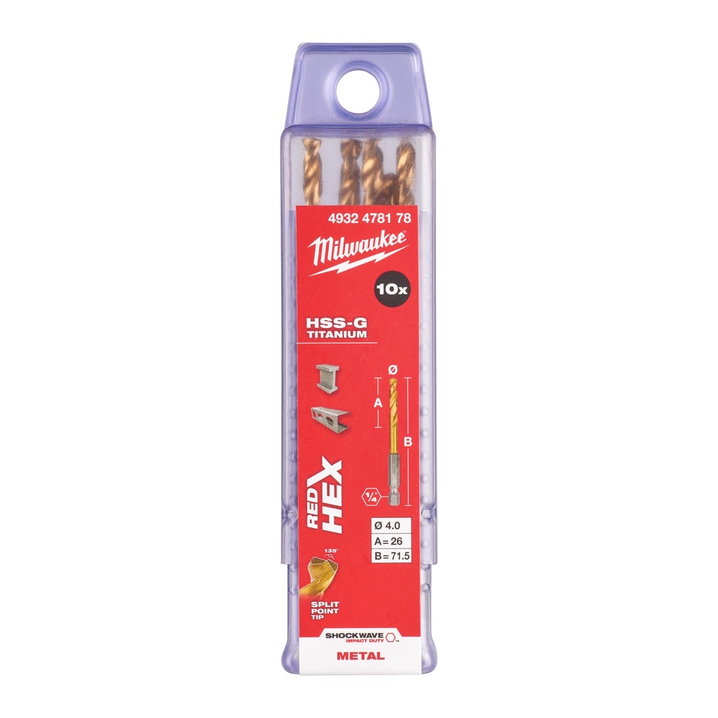 Milwaukee HSS-G TIN Shockwave metalbor 1/4" HEX, 4,0 mm, 10 stk.