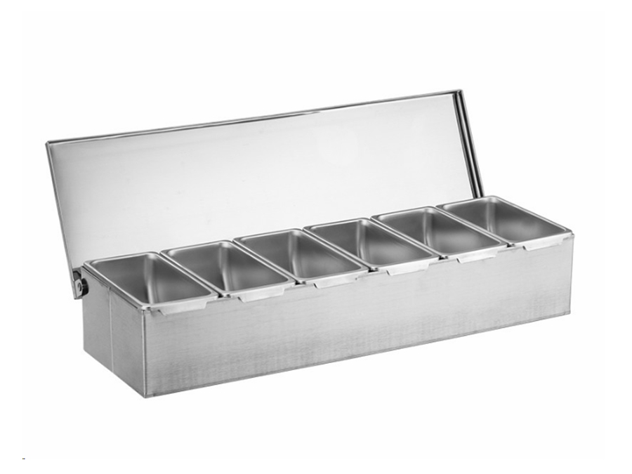 Pizza Topping Station - 6 beholdere, rustfri stål, 46x15x9cm