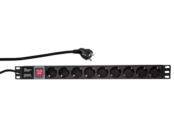 19" El-rackpanel - 9 x CEE7/3 hun, ON/OFF kontakt, Sort (2m)