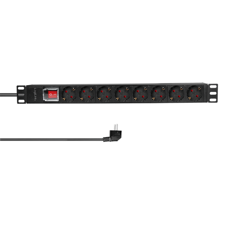 19" El-rackpanel - 8 x CEE7/3 hun, ON/OFF kontakt, Sort (2m)