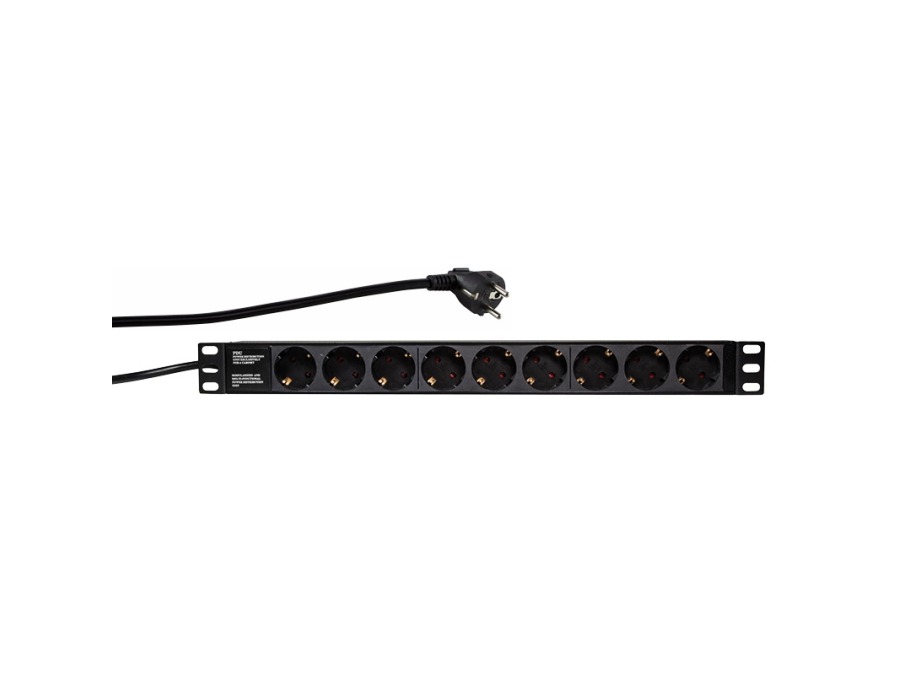 19" El-rackpanel - 9 x CEE7/3 hun, u. kontakt, Sort (2m)