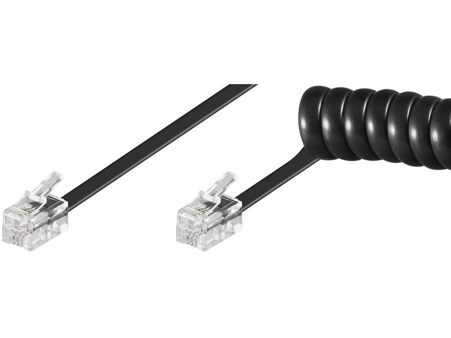 Telefon spiralledning - 2 x RJ10(4P4C) han, Sort (7m)