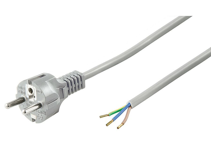 Strømkabel - CEE7/7 han til løs ende, 3x0,75mm², Grå (1,5m)
