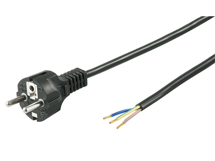 Strømkabel - CEE7/7 > løs ende, 3x1,5mm², Sort (2m)