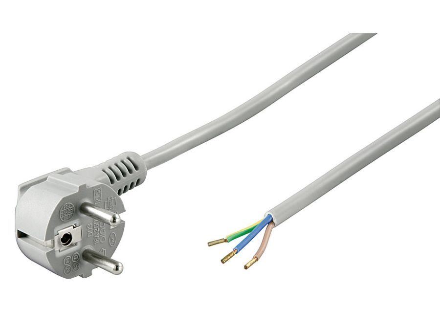Strømkabel - 90° netstik til løs ende, 3x0,75mm², Grå (1,5m)