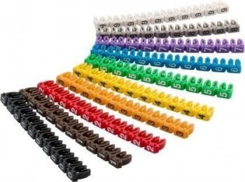 Kabelmarkerings clips - Cifre 0-9, 10x10 farvede (<Ø2,5mm)