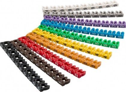 Kabelmarkerings clips - Cifre 0-9, 10x10 farvede (<Ø4mm)