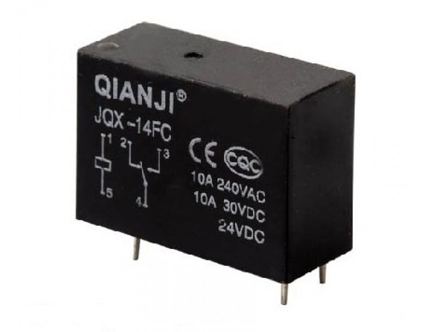 Vertikalt relæ - 24VDC / 10A, 1 x skifte, SPDT (JQX-14FC)