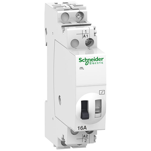Acti9 kiprelæ iTL 16A 1NO 230VAC/110VDC til betjening af lys med impulstryk. Bredde 18mm