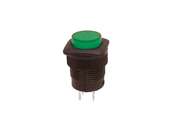 Trykkontakt - 1pol OFF-ON m. Grøn LED, 1A/250V (Ø16mm)