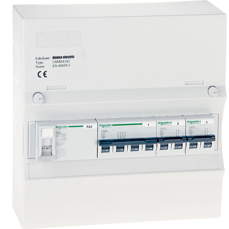 Færdigmonteret gruppetavle - HPFI - 2x13A 1P+N - 1x16A 3P+N - Hvid