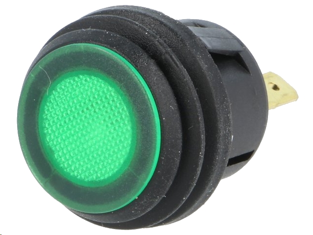Trykkontakt - 1P OFF-ON, 6A/250V, Grøn lys, IP65 (Ø20,2mm)
