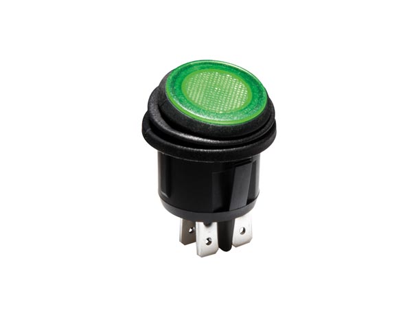 Vippekontakt - 2P OFF-ON, 10A 250V, Grøn lys, IP65 (Ø20,2mm)