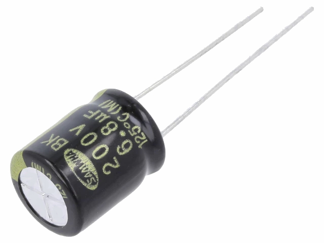 6,8uF 200V Lodret elektrolyt kondensator, Ø10x12,5mm (125°C)
