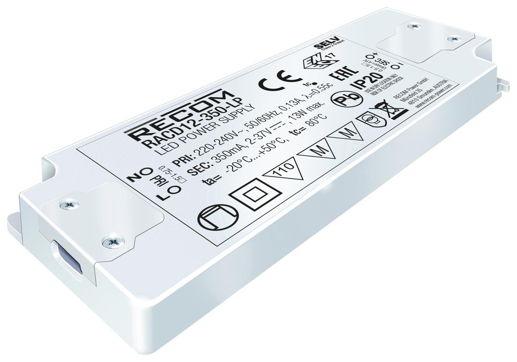 Konstantstrøm LED driver - 350mA, 2-37Vdc, 12W (IP20)