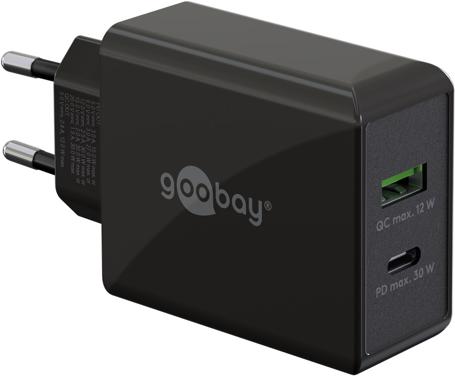 USB-C PD netadapter - 1xUSB-A, 1xUSB-C, 30W/3A, Sort