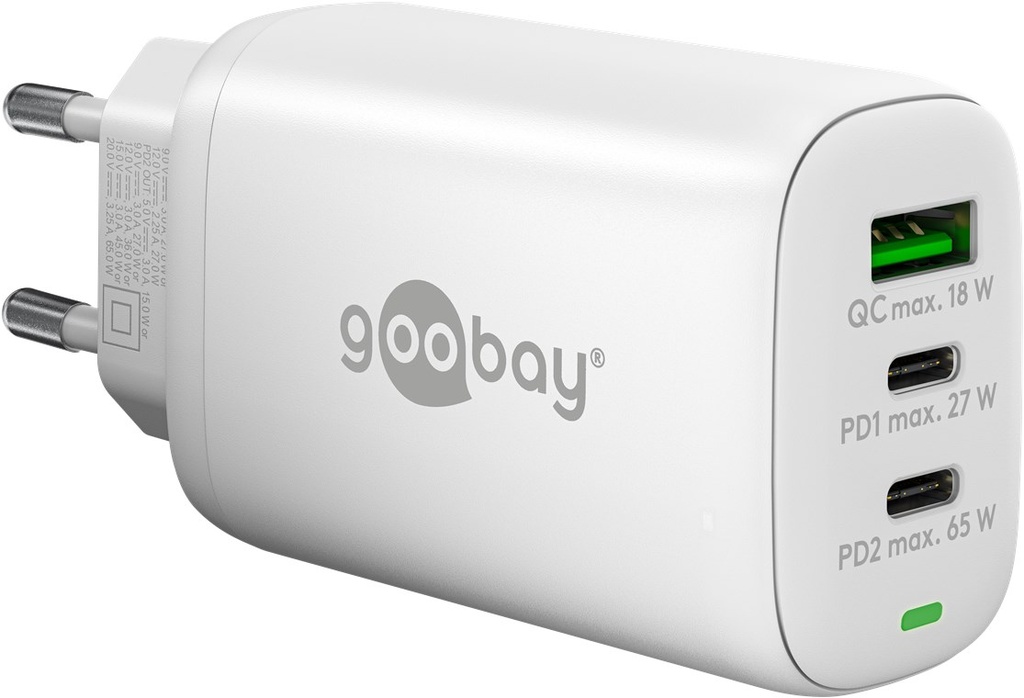 USB-C PD netadapter - 1xUSB-A, 2xUSB-C, 65W/3A, Hvid