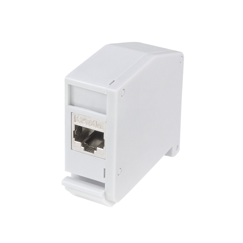 DIN-skinne adapter m. 2 x RJ45 CAT6a keystone fatning, plast