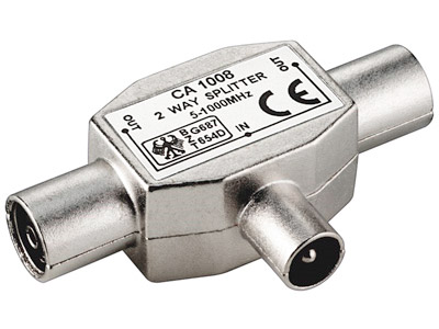 Radio/TV splitter - COAX han til 2 x COAX hun, metal