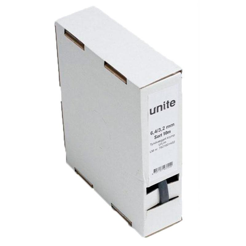 Tyndvægget krymp u. lim 6,4 mm. sort 10m