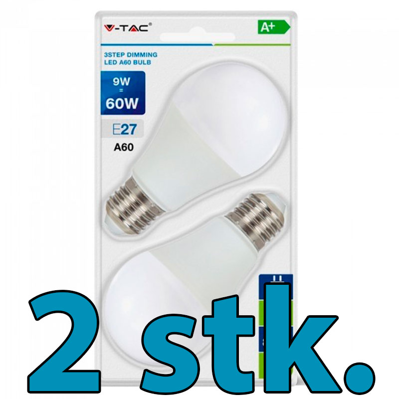 9W (60W) LED pærer E27 3-trin dæmpbare 2700K - 2 stk.