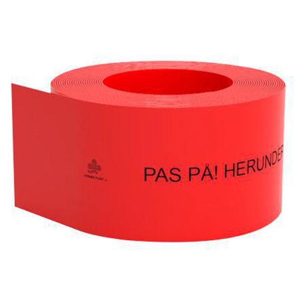 Kabelafdæk rød 100x1,8 mm. - "Pas på - herunder stærkstrøm" - 50 meter