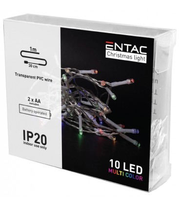 1 meter indendørs LED julelyskæde - Batteri, 10 LED, multicolor