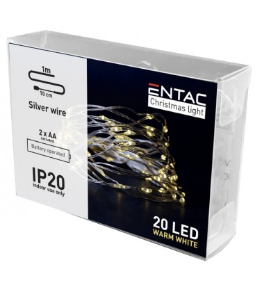 1 meter indendørs LED julelyskæde - Batteri, 20 LED, varm hvid