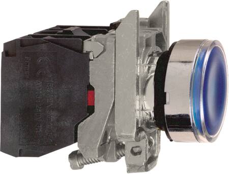 Harmony lampetryk komplet med LED og plan trykflade med fjeder-retur i blå farve 24VAC/DC forsyning