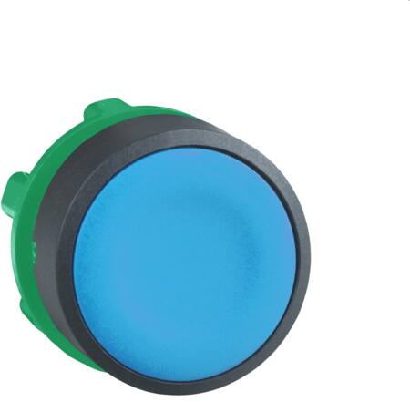 Harmony trykknapshoved i plast med fjeder-retur og plan trykflade i blå farve