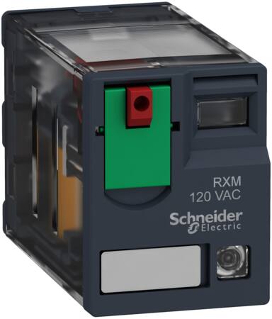 RXM stikbensrelæ med testknap og LED og 2 C/O kontakter på 12A og 230 VAC forsyning