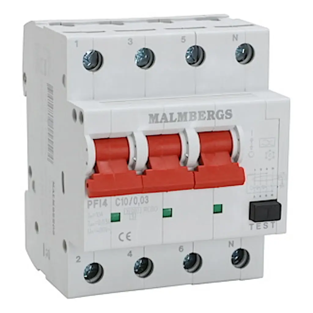 Kombirelæ 13A 30mA 10kA 4-pol