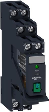 RXG stikbensrelæ med testknap og LED i sokkel med diode 2 C/O 5A og 24VDC