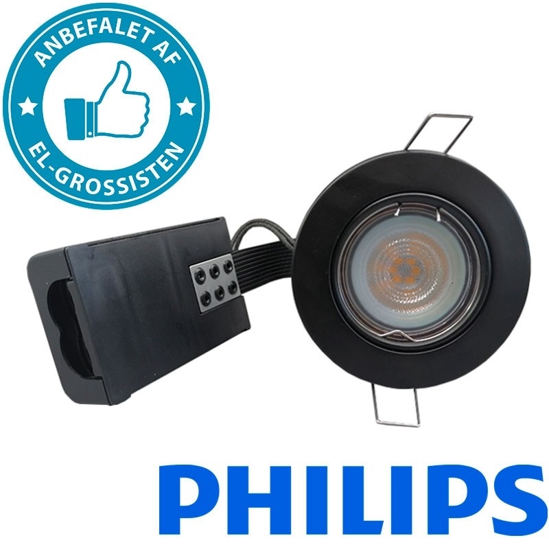 Indbygningsspot m 4W Philips dæmpbar LED pære 3000K - Mat sort