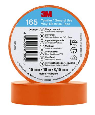 3MTM TemflexTM el vinyltape 165 Orange 15 mm x 10 m 100 rl/pk