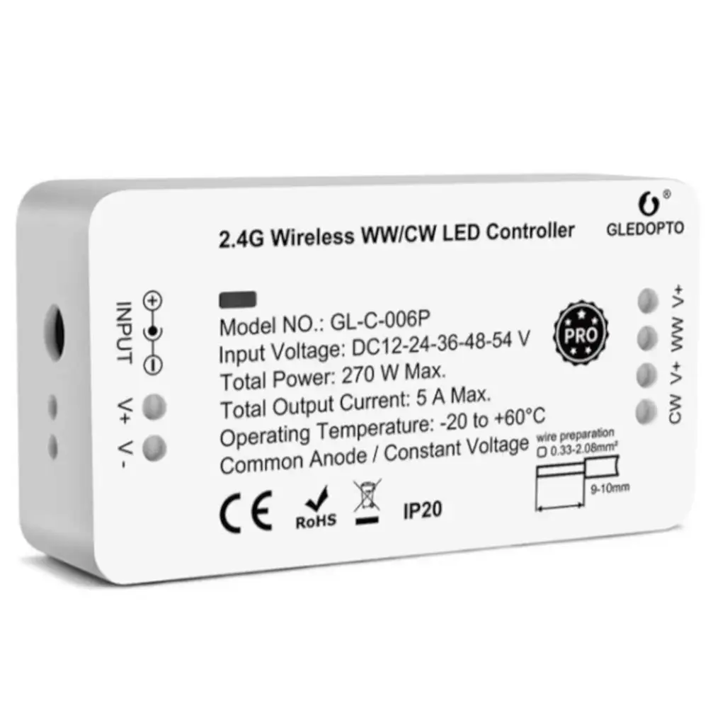 Gledopto Zigbee controller - Philips Hue kompatibel, Zigbee 3.0, enkeltfarvet og CCT, 12V (60W), 24V (120W)