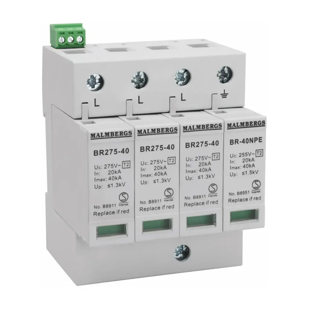 Transientbeskyttelse klasse 2, 3P+N, 275V, Relæ