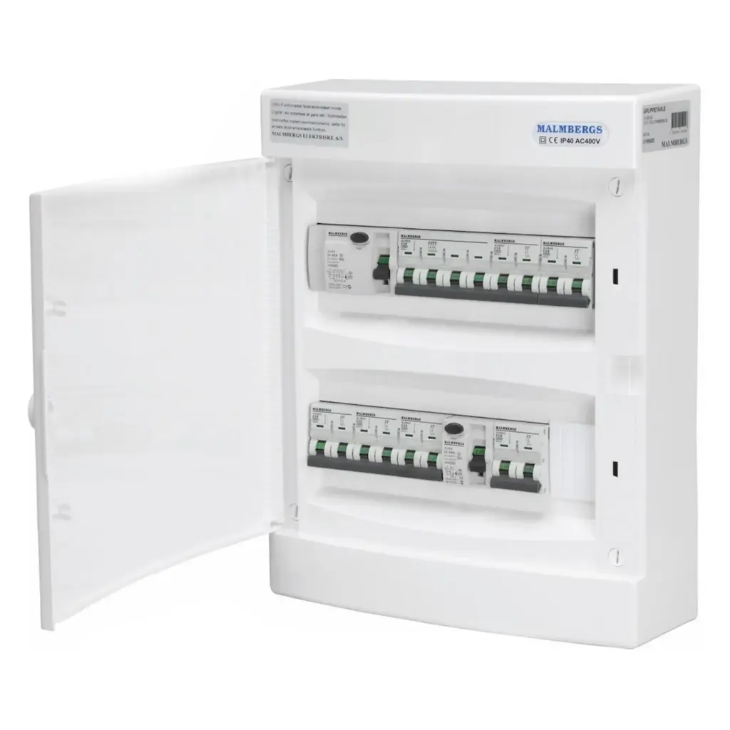 Færdigmonteret gruppetavle – 1x16A 3P+N + 1x10A 3P+N + 4x 10A 1P+N