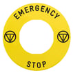 Skilt med tekst Ø60 til nødstop - EMERGENCY STOP/logo ISO13850